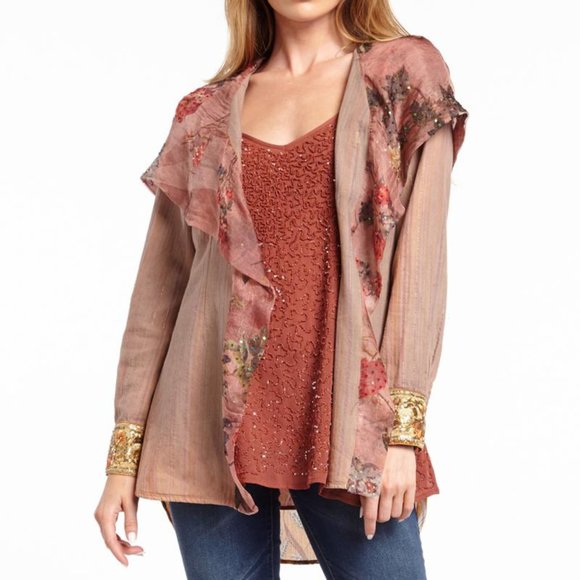 Aratta Looks Authentic Hoody Kimono NWT • Small • Boho Floral Gold Sequins - Picture 4 of 5